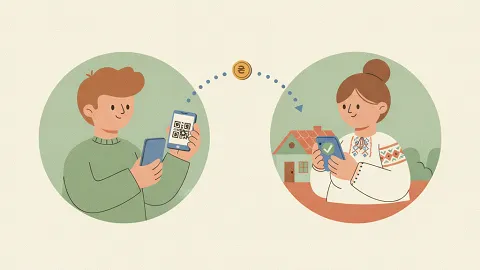 Орендар сканує QR-код для оплати, господиня бачить на телефоні, що оплату отримано